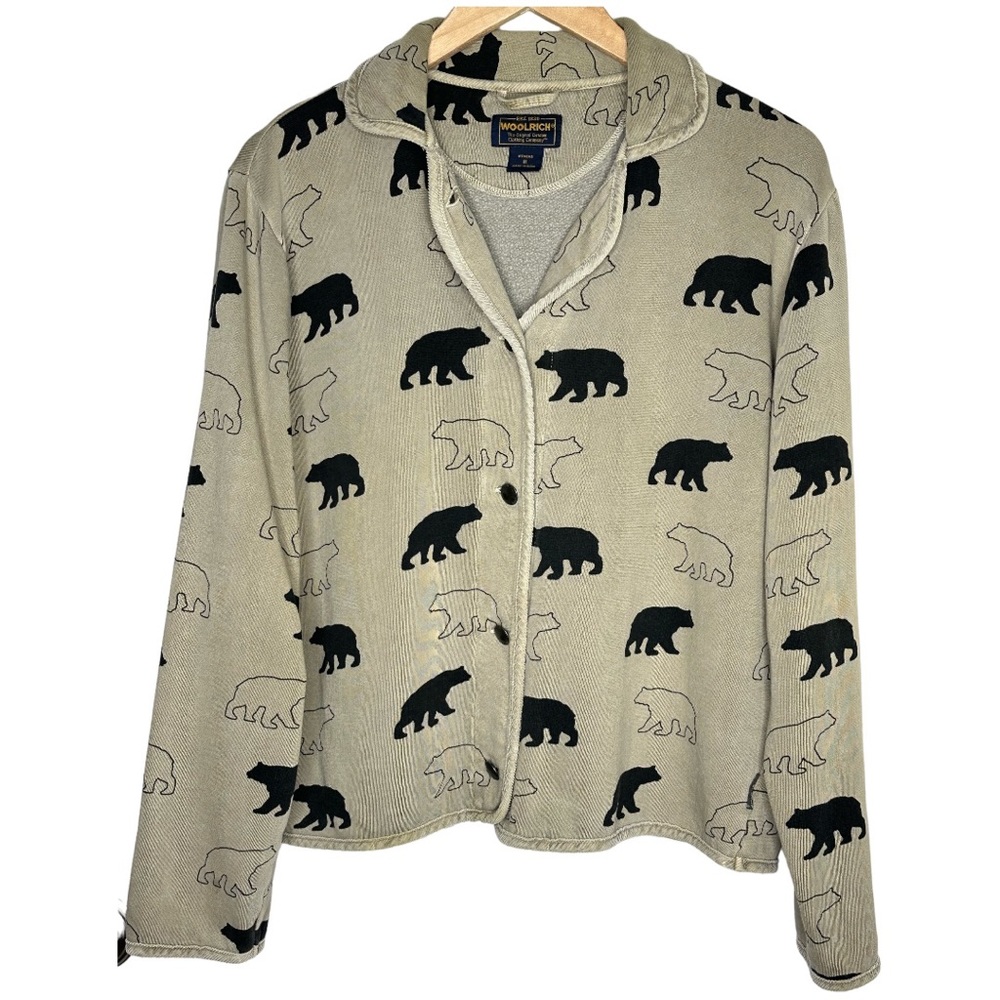 Woolrich Vintage Black Bear Buttoned Cotton Beige Collared Sweatshirt Jacket - Picture 3 of 13